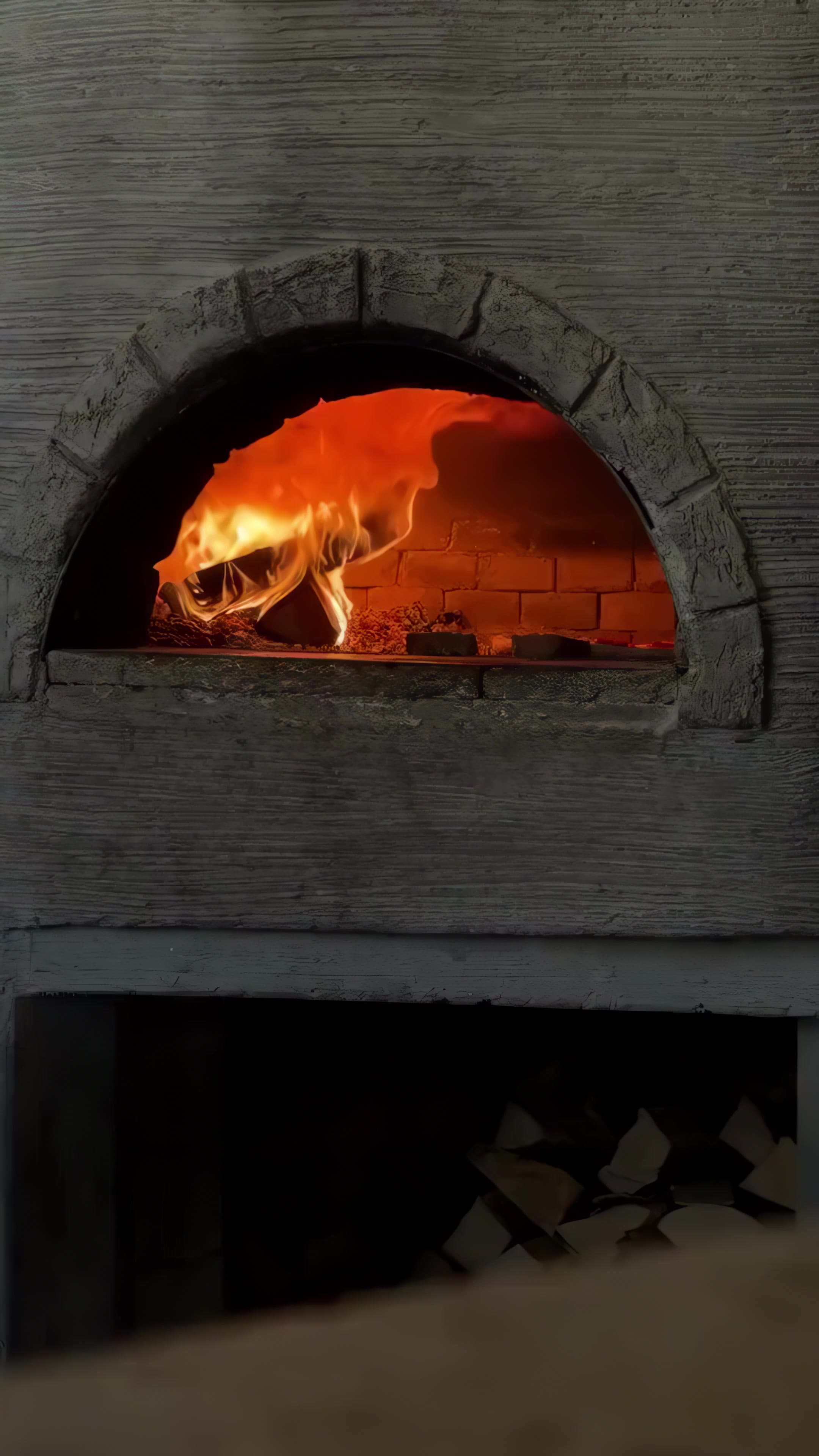 Loderndes Feuer im Holzofen der Pizzeria Mario & Lino, darunter gestapeltes Brennholz